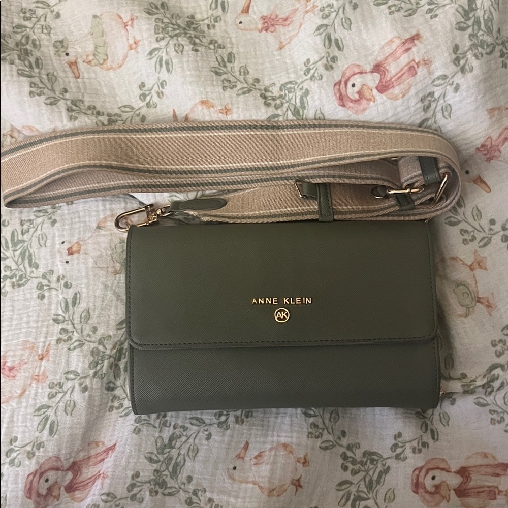 Anne Klein Olive Crossbody Bag with Beige Strap